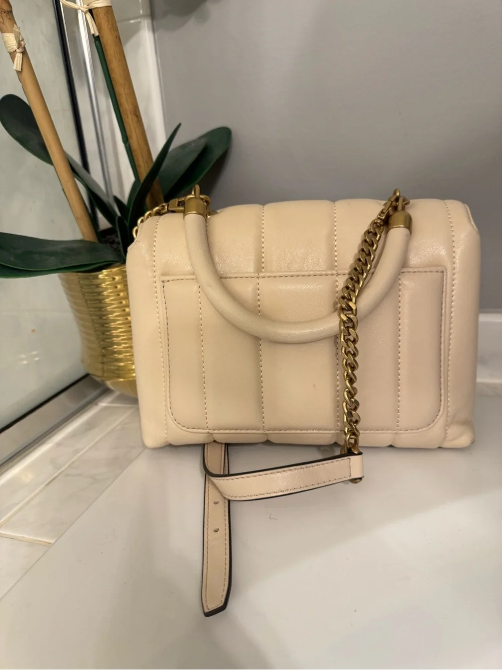 Tory Burch Cream Quilted Leather Crossbody/Satchel with Gold Logo
